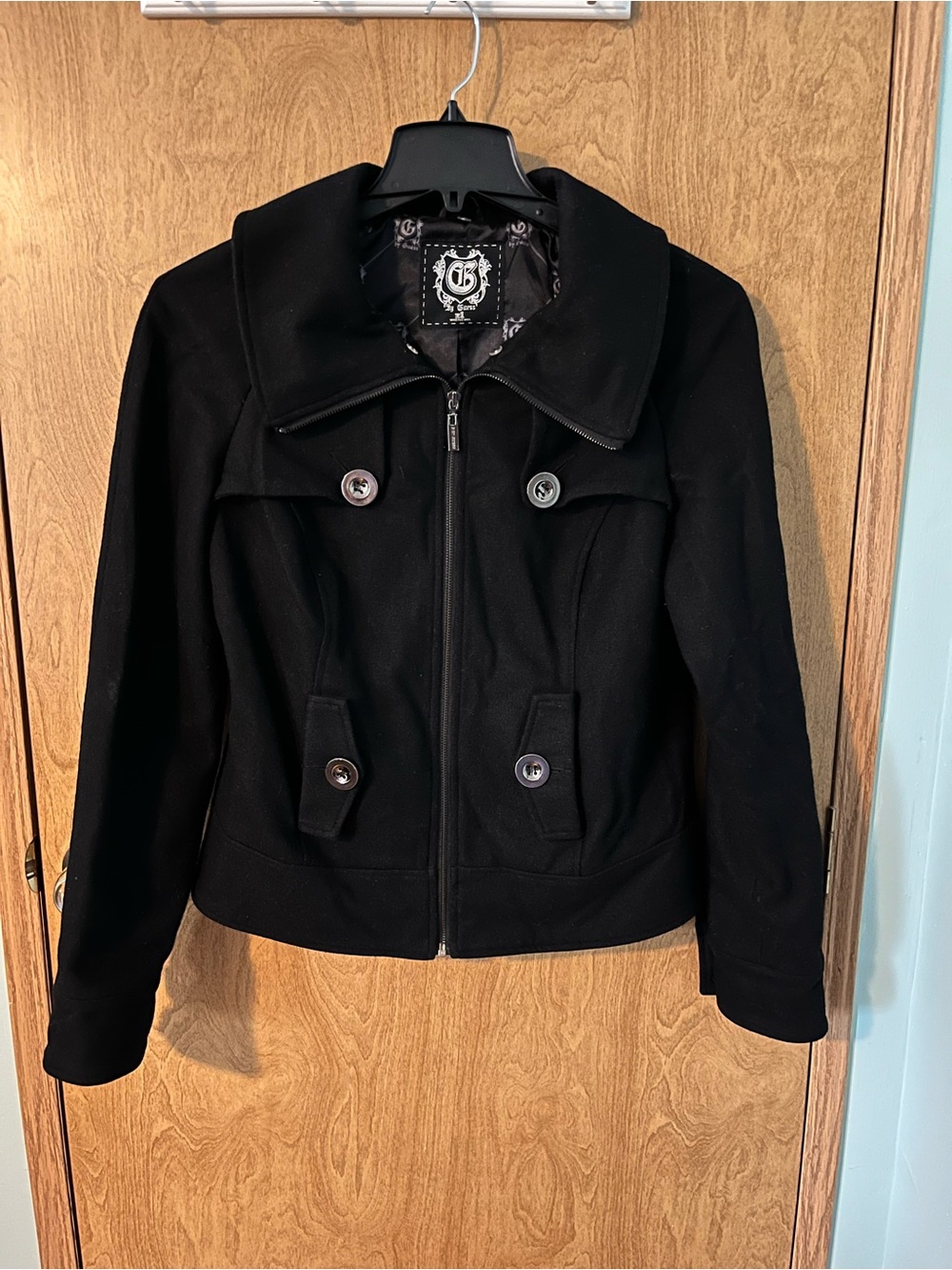 G by Guess Black Zip-Front Women’s Lined Pea Coat Jacket Side Pockets Size XL